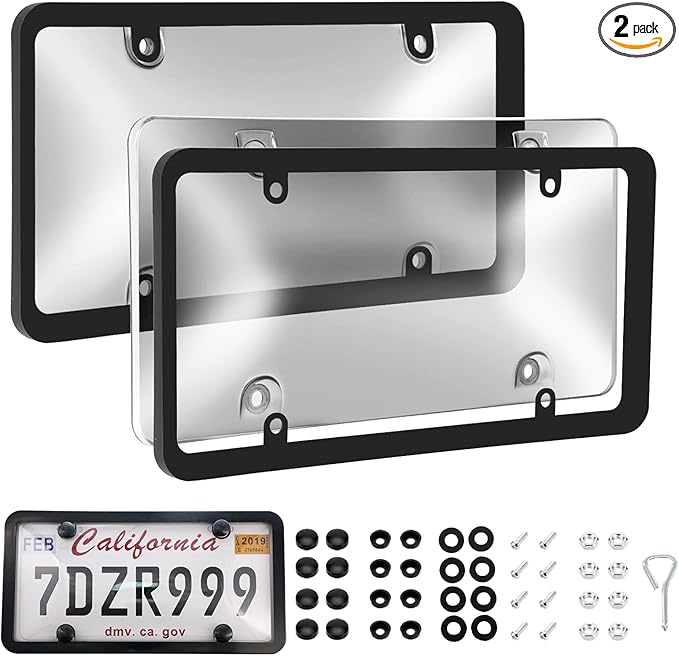 Transparent License Plate Cover and Frames, 2Pack Grey Clear Front and Rear License Plate Holder with Screws & Caps, Unbreakable Car Licence Plate Frame, Universal Fit for Most US Plates