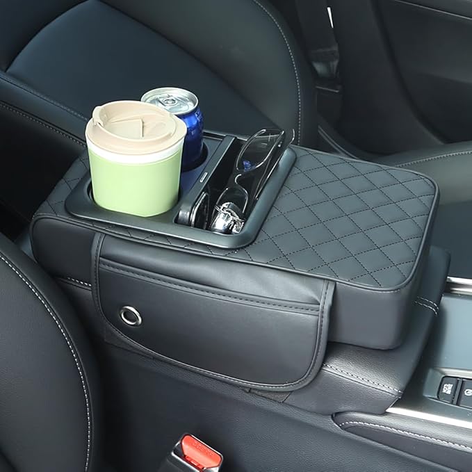 Universal Car Armrest Cushion Organizer - PU Leather Center Console Pad with Cup Holder, Phone Storage & Side Pockets, Multifunctional Armrest Cover for Most Vehicles