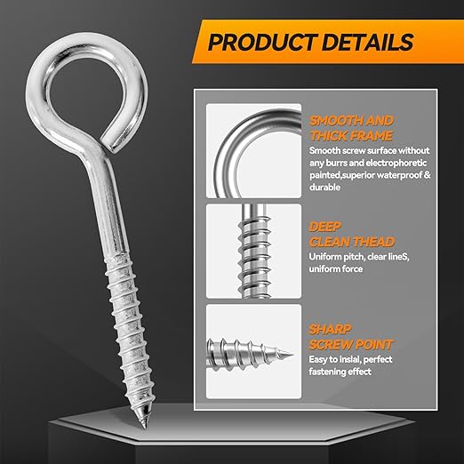4Pcs 6 Inch Heavy Duty Screw Eyes Hooks, 304 Stainless Steel Self Tapping Eyelet Screw Eye Bolts,800LBS Breaking Strength, Screw in Eye Hooks for Wood Securing Cables Wire. (4, M10-6 Inch)