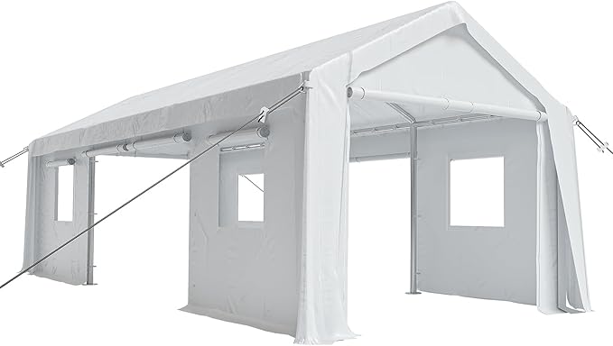 12x20ft Heavy Duty Carport Outdoor Canopy Portable Garage with 4 Doors & 4 Windows Waterproof UV Resistant Storage Shelter with Removable Sidewalls for Car Truck Boat, White