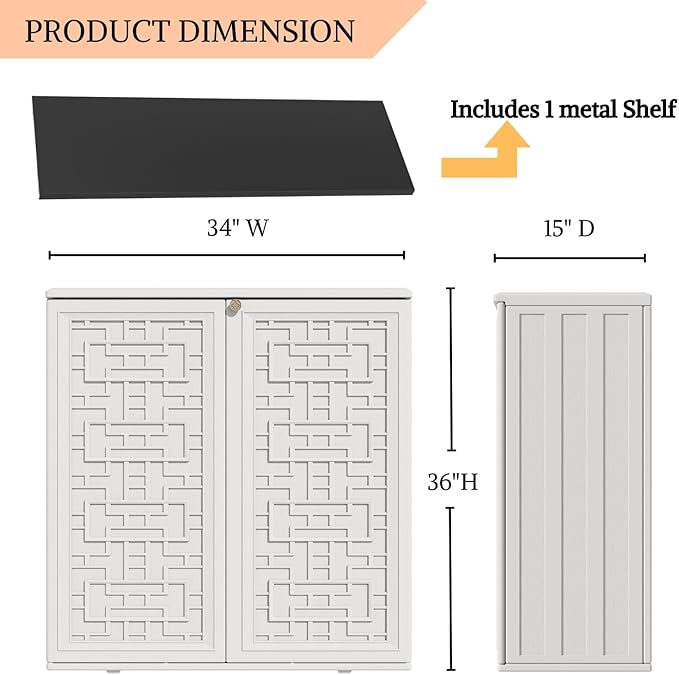 ZZM HDPE Outdoor Storage Shed, Outdoor Plastic Storage Cabinet, Horizontal Resin Tool Shed for Garden, All Weather Outdoor Storage Clearance, DIY Usage, with one Shelf (White)