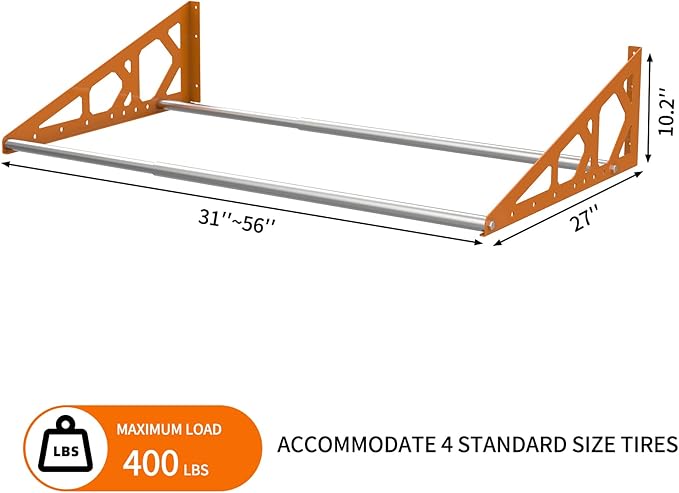 Tire Rack Wall Mount Adjustable 31"-56" Tire Storage Rack Wall Mount Wheel Rack with Heavy Duty Telescopic RodsSteel 400 Pound Weight Capacity (Orange)
