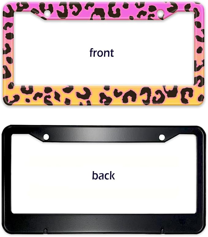 Gradient Color Leopard Print License Plate Frame Cheetah Print Tags Frames Holder Covers Metal Aluminum Rustproof Cute Car Accessories for Us Canada Standard Women Men 2 Holes with Screw Caps