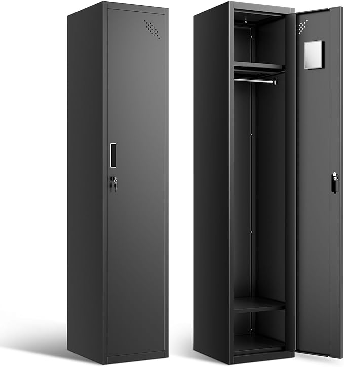 DNA MOTORING Metal Storage Cabinet for Employees with Keys, 71" Employees Metal Locker with 1 Doors, Tall Storage Lockers for Garage,Office,Home,Gym, Black, TOOLS-00787-BK-BK