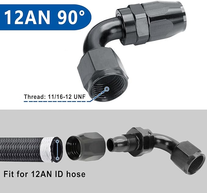 LokoCar 12AN Hose End Fitting 90 Degree Swivel For CPE Braided Hose Black 2Pcs
