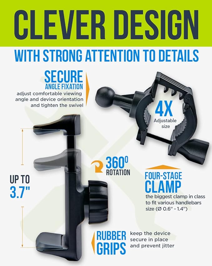 Bike & Motorcycle Phone Mount - for iPhone 16 Pro Max (15, 14, SE, Plus), Galaxy s25 or Any Cell Phone - Universal Handlebar Holder for ATV, Bicycle & Motorbike. +100 to Safeness & Comfort