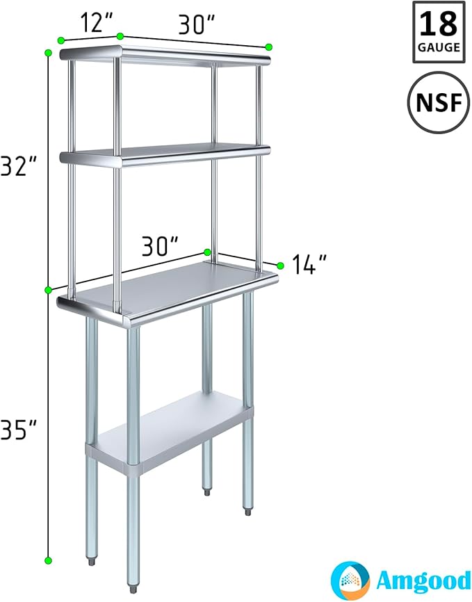 Amgood Stainless Steel Work Table Double Tier Overshelf (14" x 30" Work Table + 12" Overshelf)