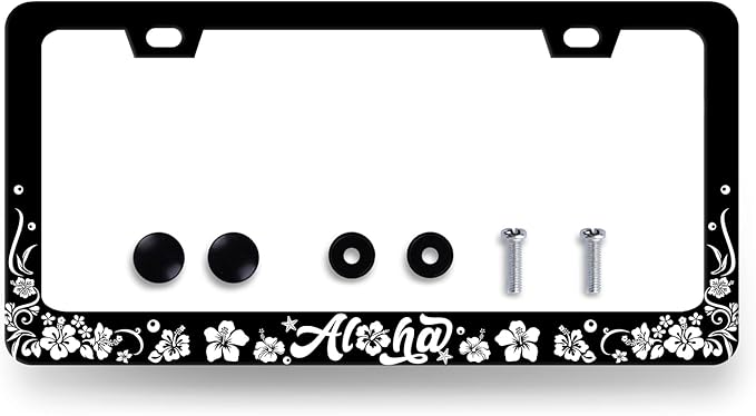 Aloha License Plate Frame Hibiscus Flowers License Plate Holder Stainless Steel Funny Design with 2 Holes and Screws 12.3" x 6.3"