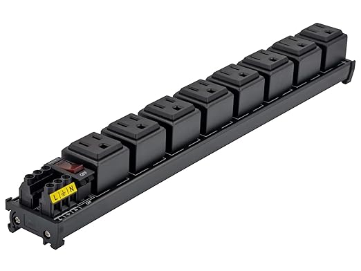 DIN Rail Mount AC 120V NEMA 5-15R 8 Receptacles Outlet Power Strip Module, with Rocker Switch Thermal Circuit Breaker Overload Protector