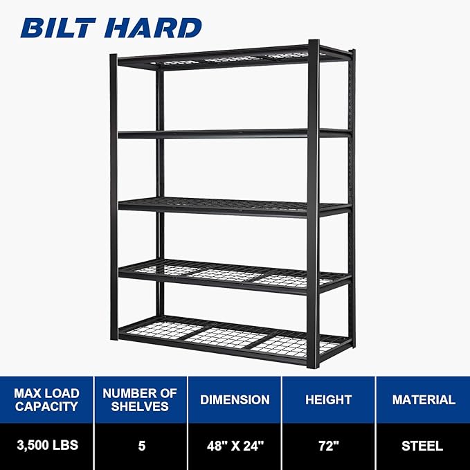 BILT HARD 48" W x 24" D Garage Shelving 3500 LBS, 72" H Storage Shelves, Industrial 5-Tier Heavy Duty Storage Shelves, Steel Shelving with Adjustable Rack, Ideal for Garage, Black