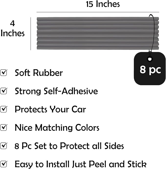 Rubber Bond Garage Wall Protectors 8 Pack - 4x15 Inches Strong Self-Adhesive Rubber Bumper Protectors for Garage Walls - Anti-Scratch and Waterproof (Grey)