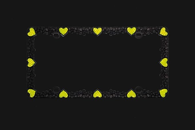 Creathome 3D Daisy Heart License Plate Frame from Pure Zinc Alloy Metal Perfect Plate Holder, Matt Black Daisy with Yellow Reflective Heart