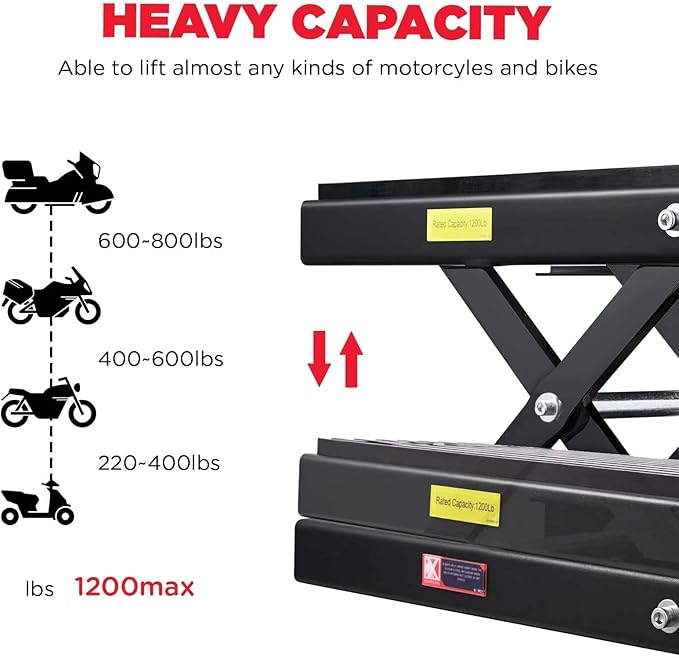CXRCY 1200 LBS Motorcycle Lift Scissor Jack Black Upgraded Dirt Bike ATV Motorcycle Hoist Stand with Ratchet Wrench,Crank Handle,Thickened Rubber Pad,Wide Deck