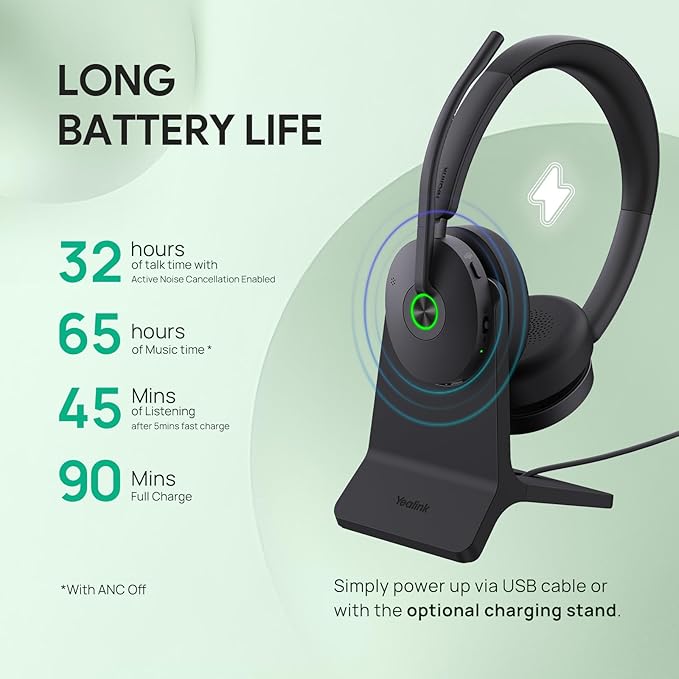 Yealink BH74 with Stand Active Noise Canceling Wireless Headset with Mic for Work, 6-mics Hybrid ANC Microsoft Teams Premium Open Ofﬁce Certified Headsets Bluetooth 5.3, up to 32h Talk, UC Compatible