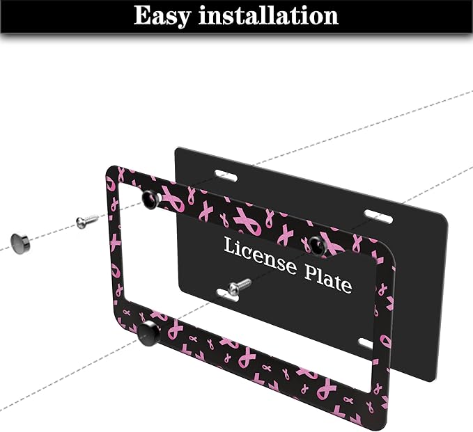 License Plate Frames for Men Black Powder Car License Plate Frame for Women Pink Ribbon Aluminum Metal Car Accessory 2 Pack with Screw Covers Set