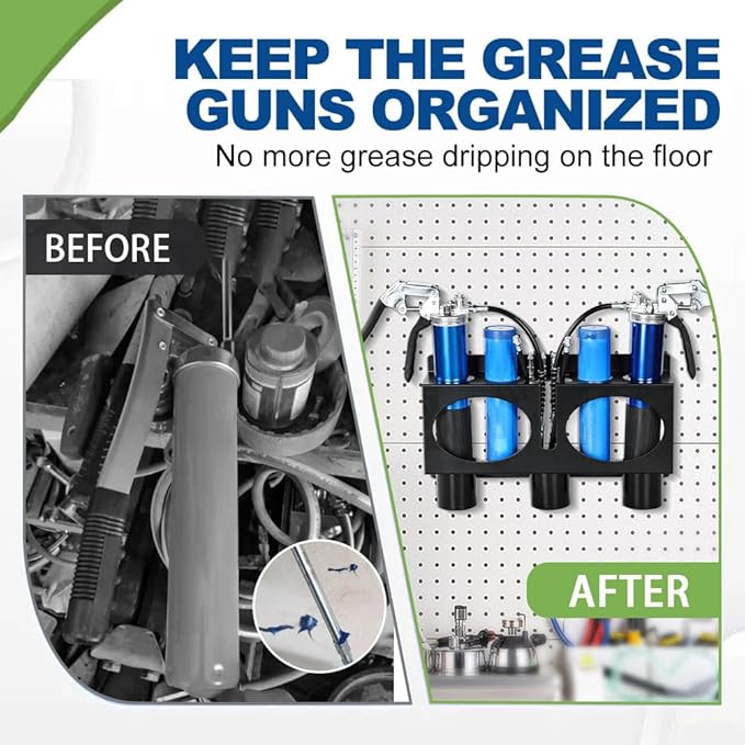 JDMON Grease Gun Holder Compatible with 2 Grease Guns, Grease Gun Rack Wall Mount Tractor, Grease Organizer, Grease Gun Storage with Removable Drip Cups & Spare Grease Tube Holder for Workshop, Garage