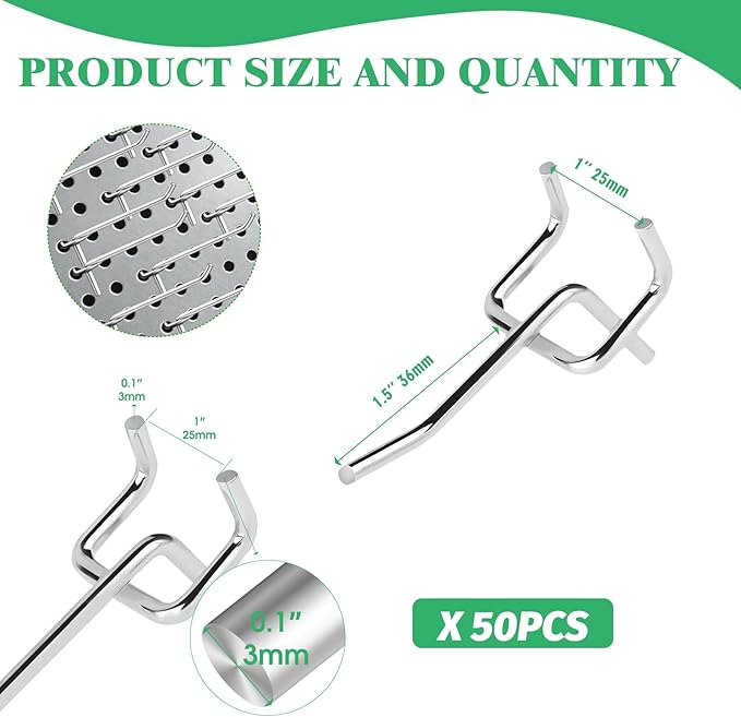 50Pcs 2"/5CM Pegboard Hooks Assortment Set, Metal Peg Board Hooks with 2.5mm Hole Pitch 4mm Wire Diameter Slatwall Hanging Hook for Garage Organization Wall Hanging (Silver)