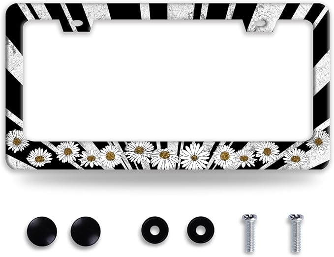 Sun License Plate Frame Black White Daisy Flowers License Plate Frames Funny Auto Accessories Bracket Stainless Steel License Plate with Screw 6x12 Inch