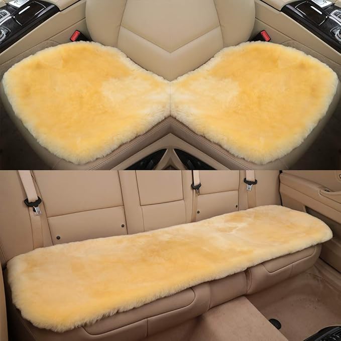 Fluffy Genuine Australia Sheepskin Car Seat Cover for Auto Interior Accessories with Soft Fuzzy Wool Eco-Friendly Natural Fur Non-Slip (Golden Yellow, Back)