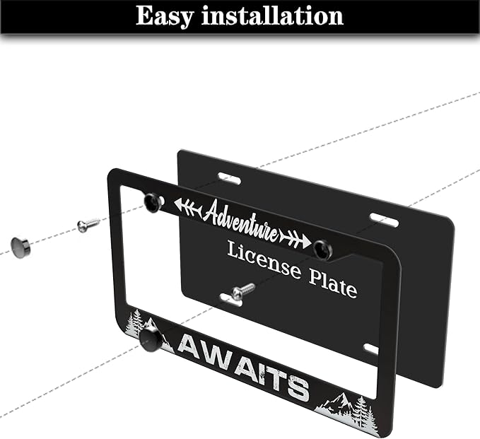 License Plate Frames for Men Black and White Car Plate Frames for Women Adventure Awaits Aluminum Metal Car Accessory 2 Pack with Screw Covers Set