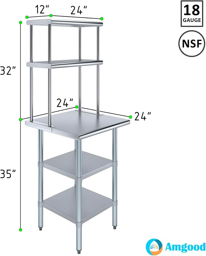 Amgood Stainless Steel Work Table with 2 Shelves | Metal Kitchen Prep Table & Shelving Combo (24" x 24" Table with 2 Shelves + 12" Overshelf)