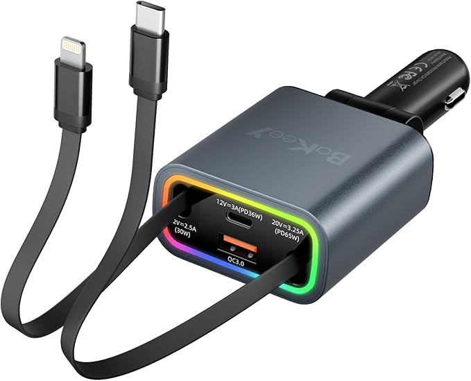 Retractable Car Charger 4 in 1, 131w Cigarette Lighter Adapter USB C, Type C Retractable Fast Charging Car Charger Adapter Multi Port for iPhone16/15/14/13/12/11, Samsung and More