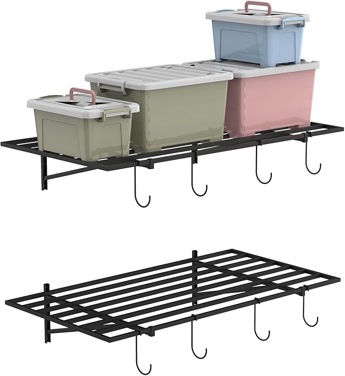 PEKGRIL Garage Wall Shelving Set of 2, 2X4 ft, Black, Contemporary Style, Heavy Duty, 2 Shelves, 8 Hooks, 260 lbs Capacity Each, Wall-Mounted, Metal, Alloy Steel, 2 Count