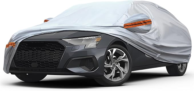 KEYOOG 6-Layer Full Car Cover is All-Weather Waterproof, Fit for 168"-182" Length Sedan, Universal in All Seasons, Snow Prevention, Rainproof, Acid Rainproof, Sunscreen, Orange Reflective Strip