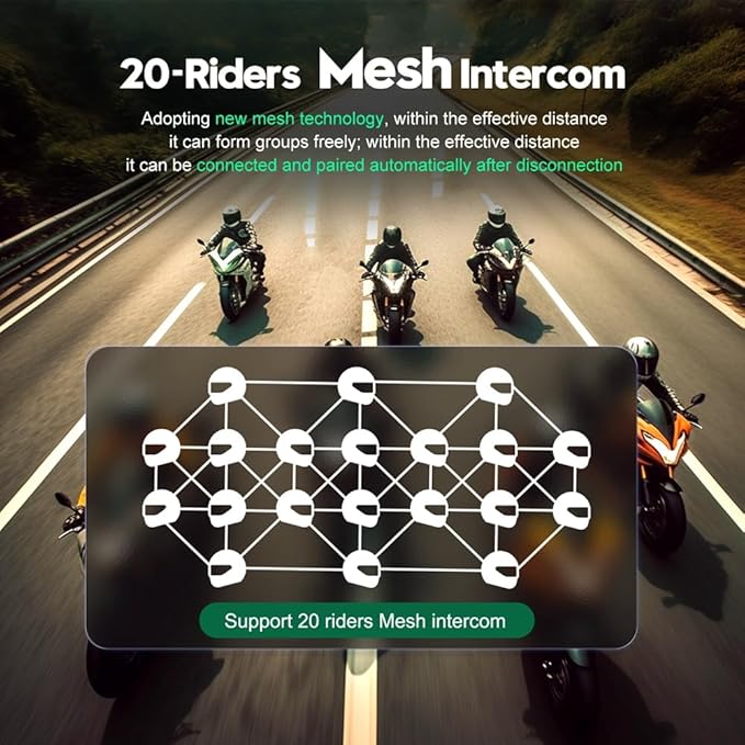 Motorcycle Bluetooth intercom MS20 2000m Helmet Intercom,20 Riders Motorcycle Bluetooth Headset,Universal Bluetooth Helmet Headset,Helmet Communication System FM/Hard &Soft Mic/2Pack