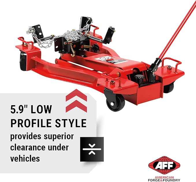 AFF Low Profile Manual Hydraulic Transmission Jack - Heavy Duty Steel Body, Adjustable Saddle with Safety Chain & 360 Handle - for Transmissions, Transfer Cases & Differentials (Multiple Capacities)