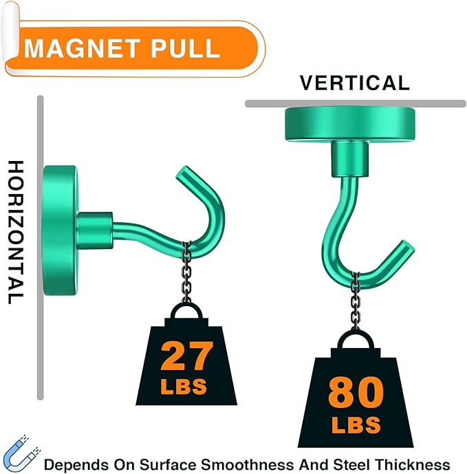 MIKEDE Magnetic Hooks Heavy Duty, 80LB Strong Magnet with Hook for Fridge, Super Neodymium Extra Strength Industrial Hooks for Hanging, Magnetic Hanger for Toolbox, Cruise, Grill(Green,4 Pack)