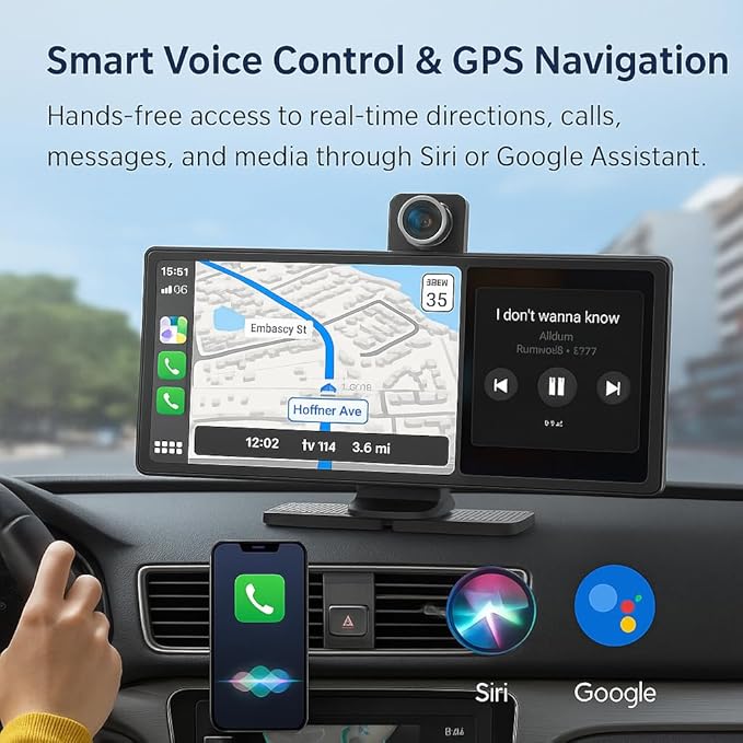 Portable Apple CarPlay & Android Auto – 10.26" Wireless Car Stereo, 4K Dash Cam, 1080P Backup Camera, Voice Control, GPS Navigation, Bluetooth, Mirror Link, Portable Touchscreen Display