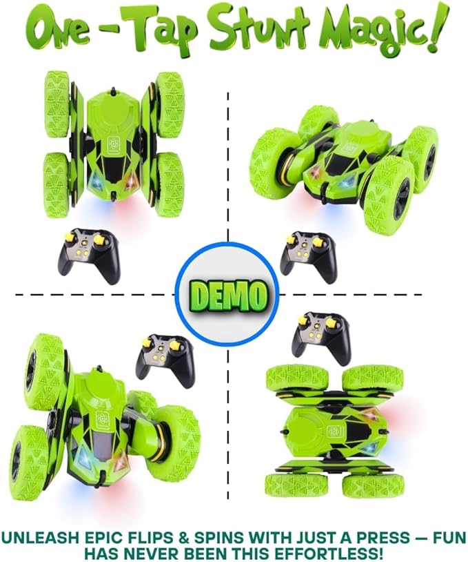 RC Stunt Car, Remote Control Double-Sided Driving 360° Flips & Rotations, Rechargeable Lithium Batteries, Color-Changing Lights, for Kids Ages 6-12, Green