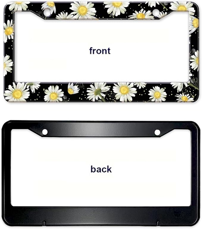 Daisy Flowers Car License Plate Frame, Flowers Print Tags Frames Holder Covers, Metal Aluminum Rustproof Car Accessories US Canada Standard with Screws for Women Men 6x12 Inch 2 Holes