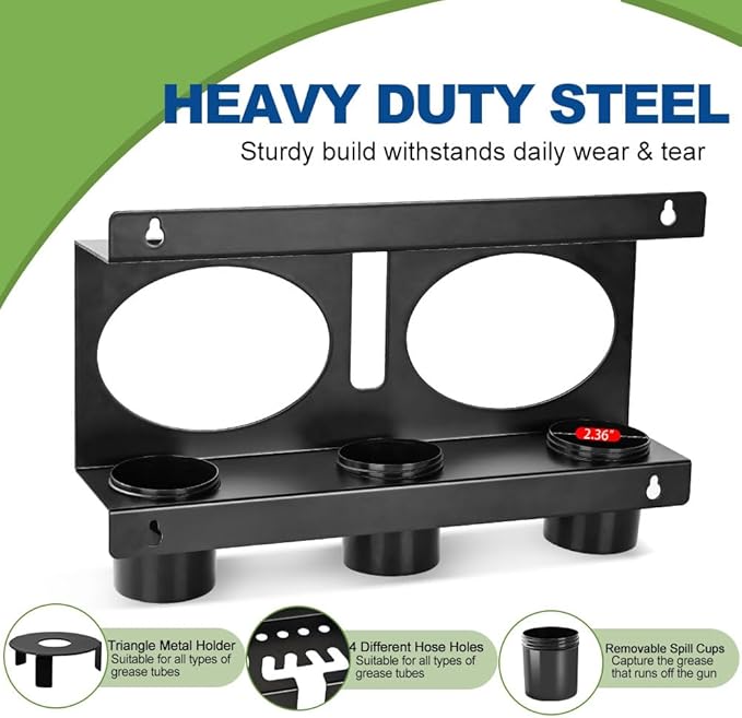 JDMON Grease Gun Holder Compatible with 2 Grease Guns, Grease Gun Rack Wall Mount Tractor, Grease Organizer, Grease Gun Storage with Removable Drip Cups & Spare Grease Tube Holder for Workshop, Garage