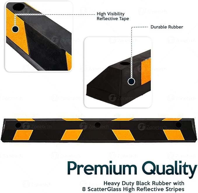 ZONETECH Large Heavy Duty Rubber Parking Curb – 72” Premium Quality Auto Garage Wheel Stopper Professional Grade w/Yellow Reflective Tape for Car, Truck, Trailer and RV (12-Pack)