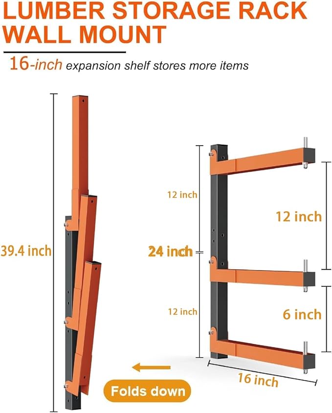 Lumber Storage Rack Wall-Mounted Lumber Racks Heavy Duty Wood Storage Rack with 6-Level Holds Up 720 LBS Sturdy Folding Garage Wood Organizer Orange Shelving Metal Shelf for Indoor & Outdoor- 4 Pack