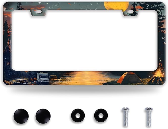 Camping License Plate Frame Personalized Forest License Plate Frames Funny Auto Accessories Bracket Stainless Steel License Plate Holder 6x12 Inch