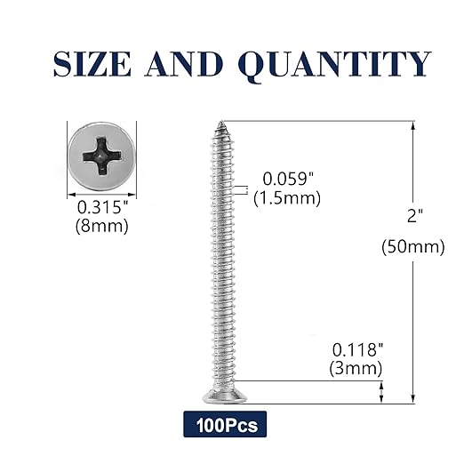 #8 x 2" Wood Screw 100Pcs 18-8 (304) Stainless Steel Screws Flat Head Phillips Fast Self Tapping Drywall Screws by SG TZH