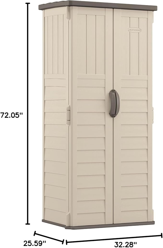 Suncast Vertical Outdoor Storage Shed with Reinforced Floor, Lockable Double Doors, All-Weather Construction, and Multi-Wall Panels, Vanilla, Made in the USA