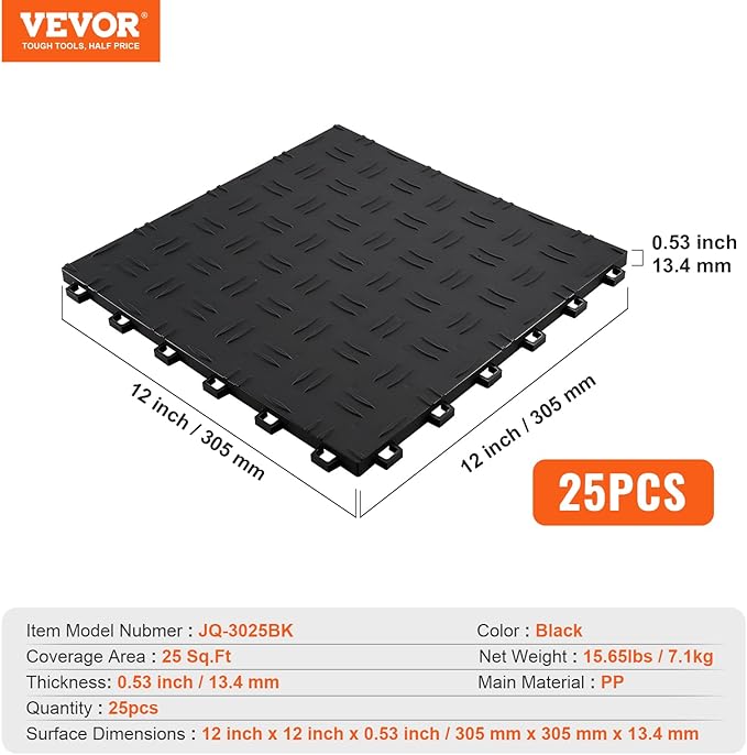 VEVOR Garage Tiles Interlocking, 12 x 12 x 0.53 inch 25 Pack Garage Floor Covering Tiles, Non-Slip Double-Sided Texture Garage Flooring Tiles, for Garages, Basements, Repair Shops, Black