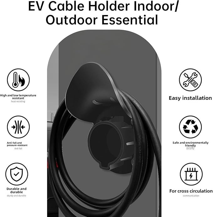 LJH EV Charger Holder Wall Mount for SAE J1772 Electric Car Plug Nozzle Holster Dock and EV Cable Holder, Outdoor/Indoor (Black)