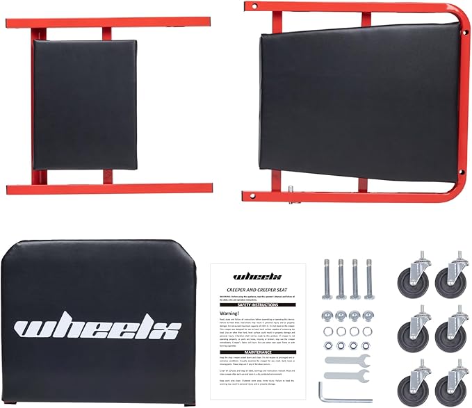Mechanic Creeper 36 Inches 2 Modes Z Seat 340 lbs Capacity, Foldable Garage Chair Adjustable Rolling Folding with 6 pcs Wheels Roller, Lay Down or Sit, Under Car, Auto Repair Red Black Man Gift