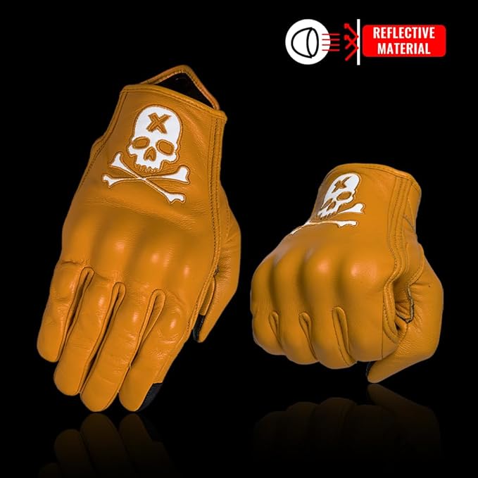 Goatskin Leather Motorcycle Motorbike Powersports Racing Gloves Reflective Skull Touchscreen for Men and Women Model