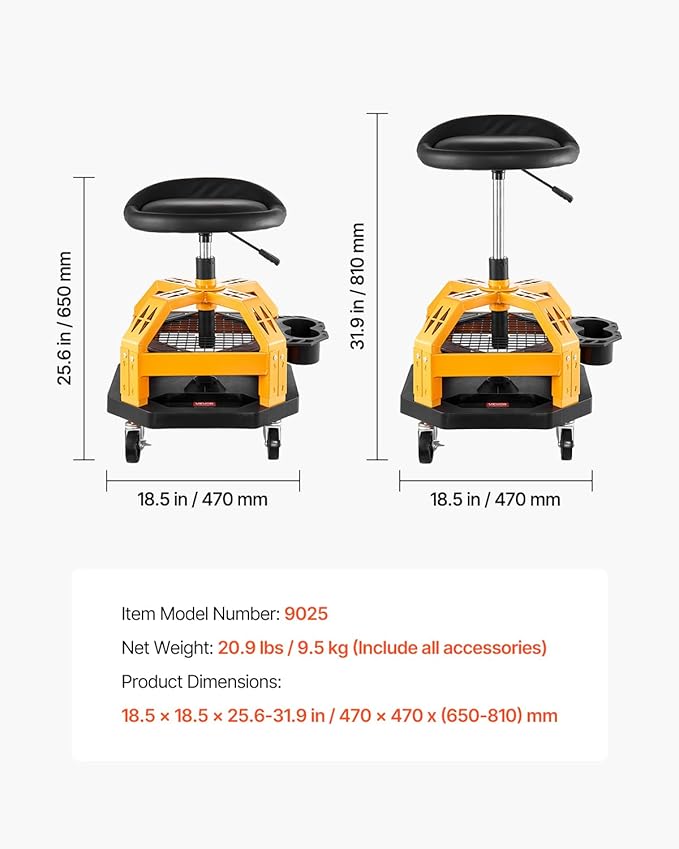 VEVOR Garage Stool, Rolling Mechanic Stool with Dual Storage Trays, Pneumatic Height 23.6–29.5 in, Soft Waterproof Cushion, 360° Swivel Casters for Garage, Shop & Auto Repair