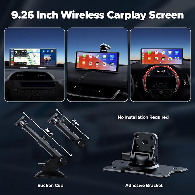 LAMTTO 9.26" Wireless Carplay and Android Auto with 2.5K Dash Cam, 1080P Backup Camera, Portable Touchscreen GPS Navigation for Car, Car Stereo Receiver with Bluetooth,AirPlay,AUX,FM,Googel,Siri