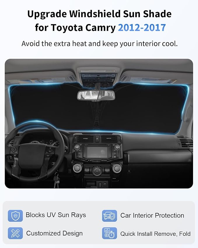 Custom-fit for Toyota Camry 2012-2016 2017 Windshield Sun Shade Block UV Rays Foldable Sun Visor SunShades 240T Reflective Fabric UV Protection Auto Car Interior Accessories