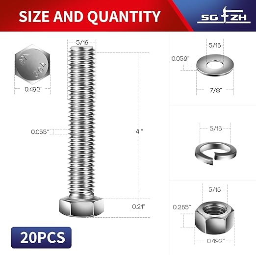 5/16-18 x 4" Hex Head Screw Bolt, Nuts, Flat & Lock Washers, 20Pcs 18-8 (304) Stainless Steel, Fully Threaded, by SG TZH