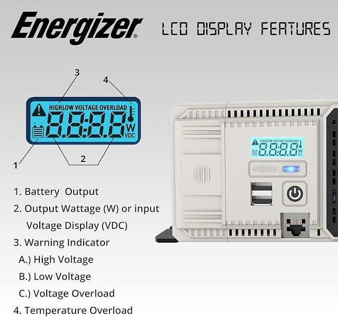 Energizer 1100 Watt 12V to 110v Pure Sine Wave Inverter Dual AC Outlets & USB, Installation Kit Included, Automotive Power for Tools, Camping Essentials & Car Accessories - ETL Approved UL STD 458