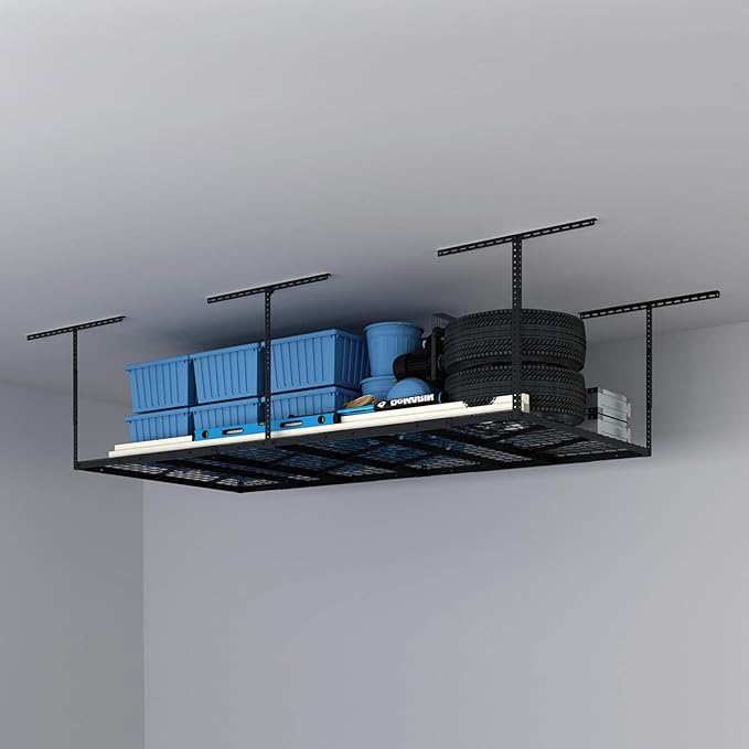 FLEXIMOUNTS Pro 4x8 Overhead Garage Storage Rack,Adjustable Storage Organization System,Heavy Duty Metal Ceiling Storage Racks,800lbs Weight Capacity,Black